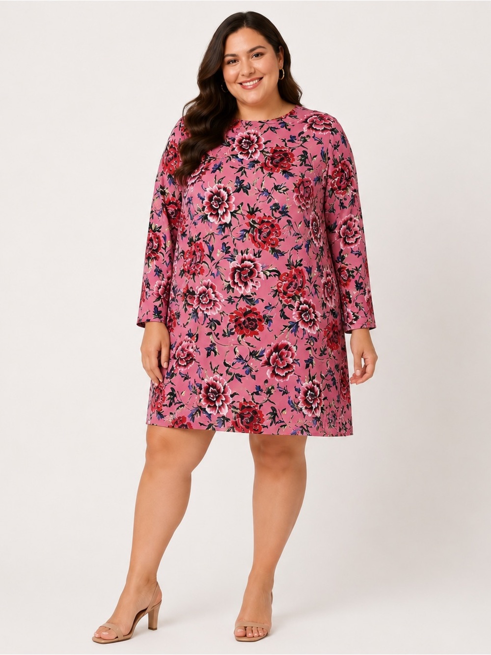 Asos Pink Floral Shift Midi Dress Long Sleeve Size 16 Lightweight Chic Cocktail